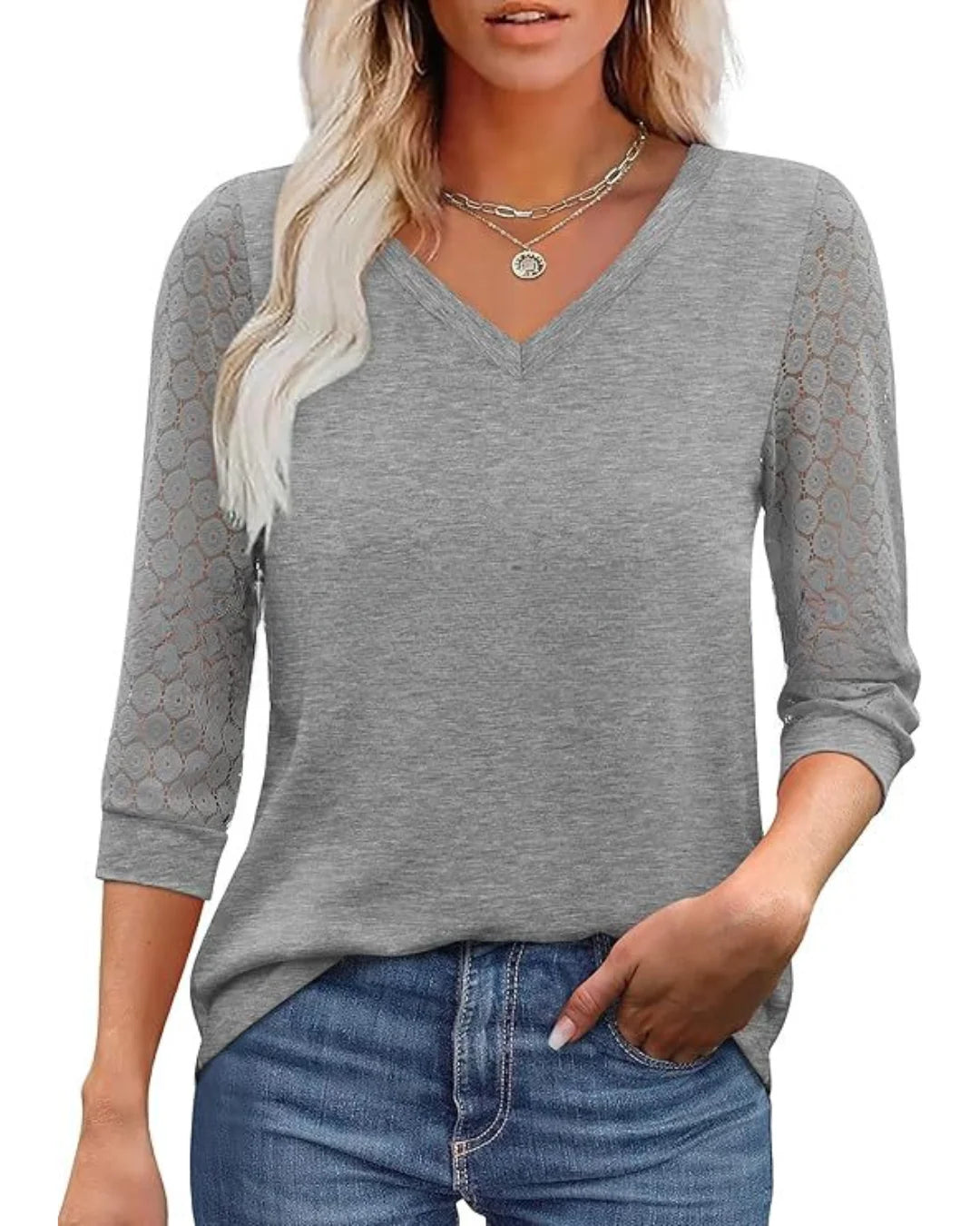 Amélie™ | Lace Sleeve Blouse with Elegant V-Neck - Eliza-Warszawa