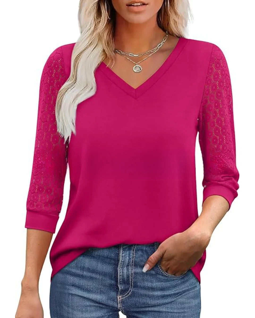 Amélie™ | Lace Sleeve Blouse with Elegant V-Neck - Eliza-Warszawa