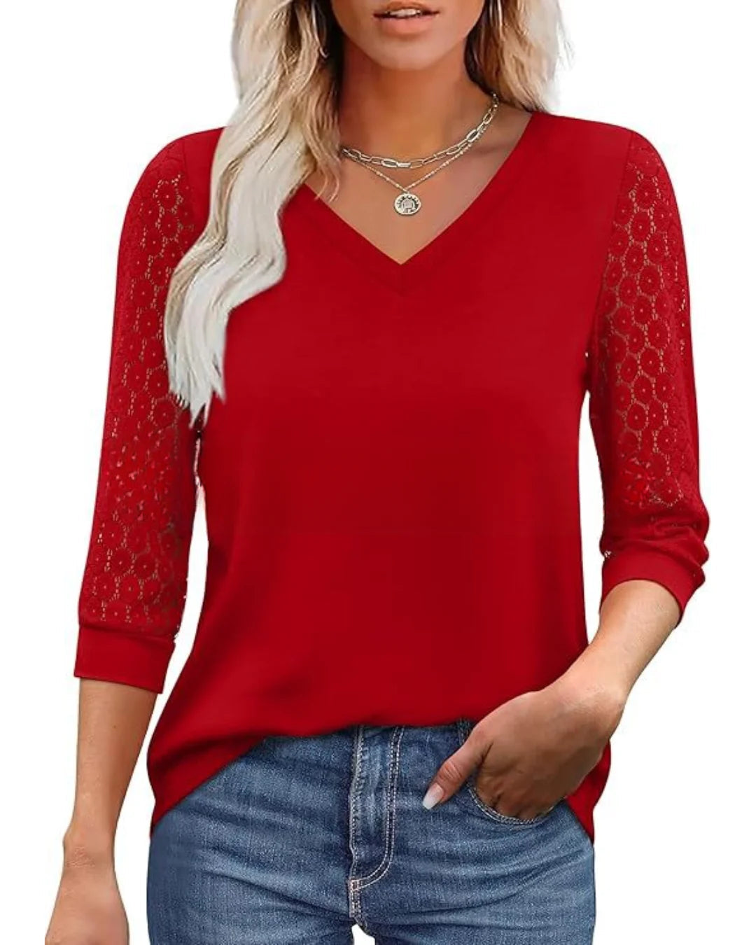 Amélie™ | Lace Sleeve Blouse with Elegant V-Neck - Eliza-Warszawa