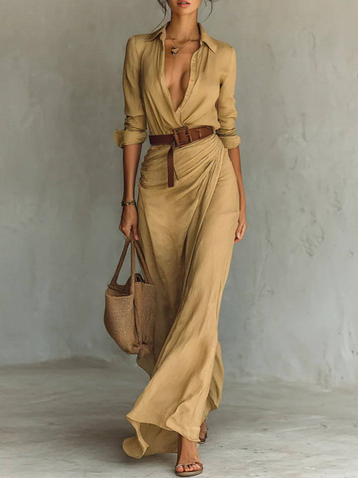 Ladies Lapel Long Sleeve Shirt Belted Maxi Dress - Eliza-Warszawa