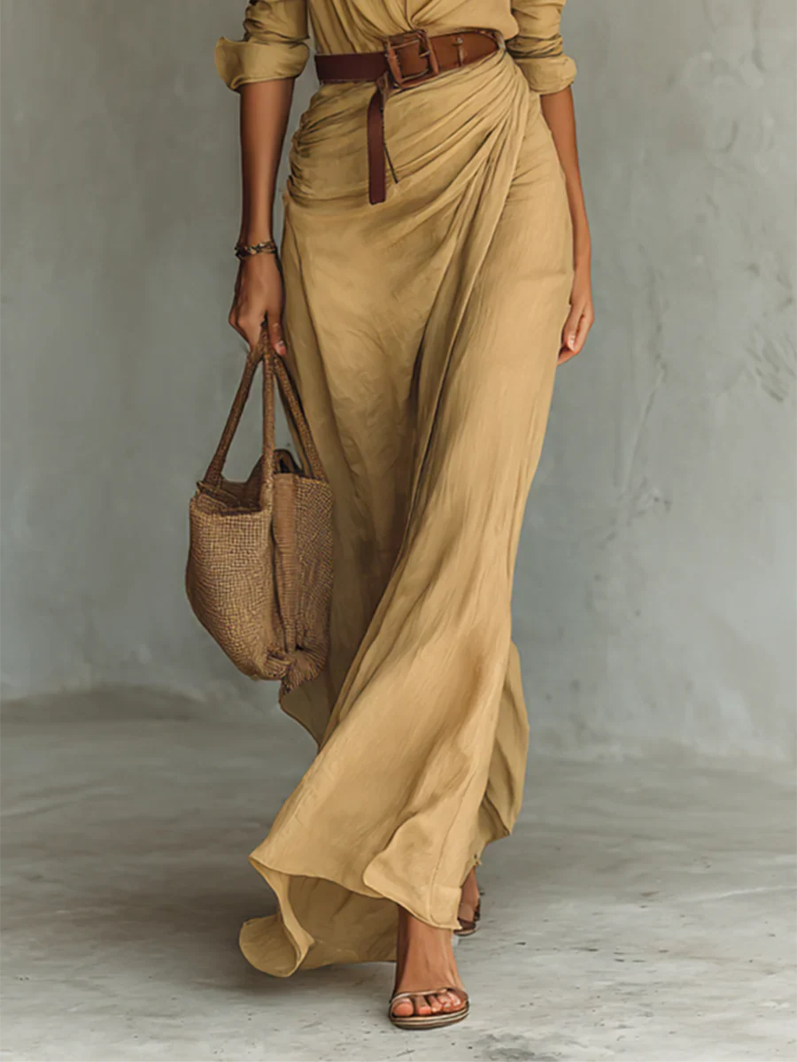 Ladies Lapel Long Sleeve Shirt Belted Maxi Dress - Eliza-Warszawa