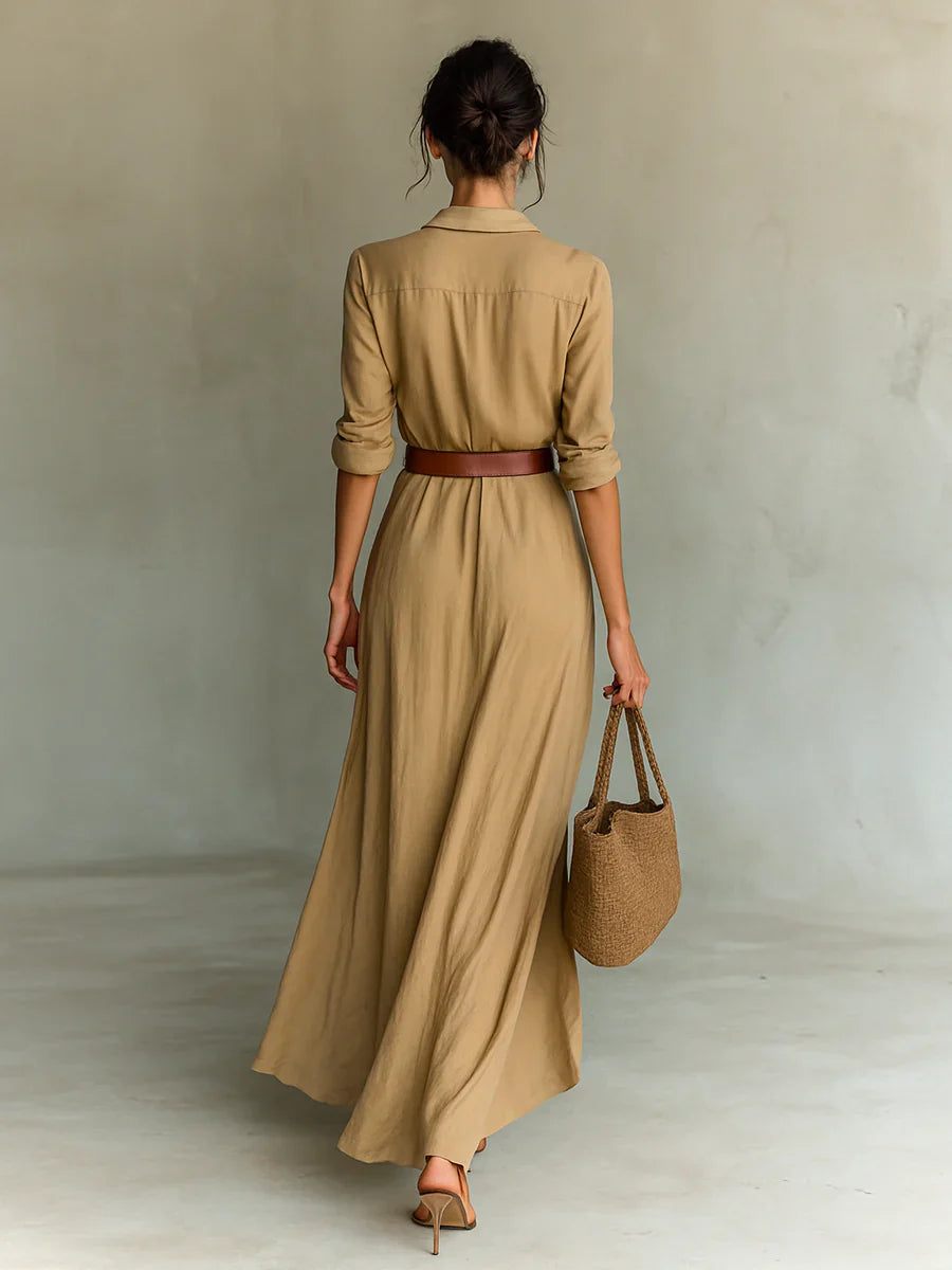 Ladies Lapel Long Sleeve Shirt Belted Maxi Dress - Eliza-Warszawa