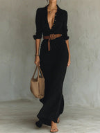 Ladies Lapel Long Sleeve Shirt Belted Maxi Dress - Eliza-Warszawa
