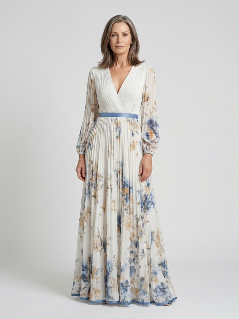 Lavinia | V-Neck Long Sleeve Maxi Dress with Floral Pattern - Eliza-Warszawa