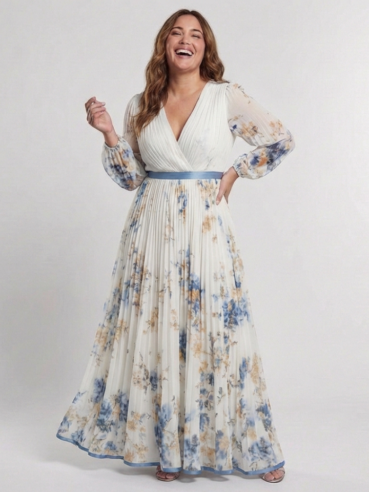 Lavinia | V-Neck Long Sleeve Maxi Dress with Floral Pattern - Eliza-Warszawa