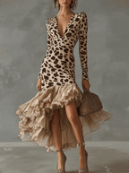 Leopard Print Ruffled High Low Midi Dress - Eliza-Warszawa