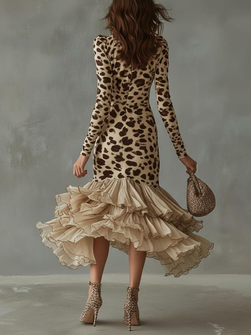Leopard Print Ruffled High Low Midi Dress - Eliza-Warszawa