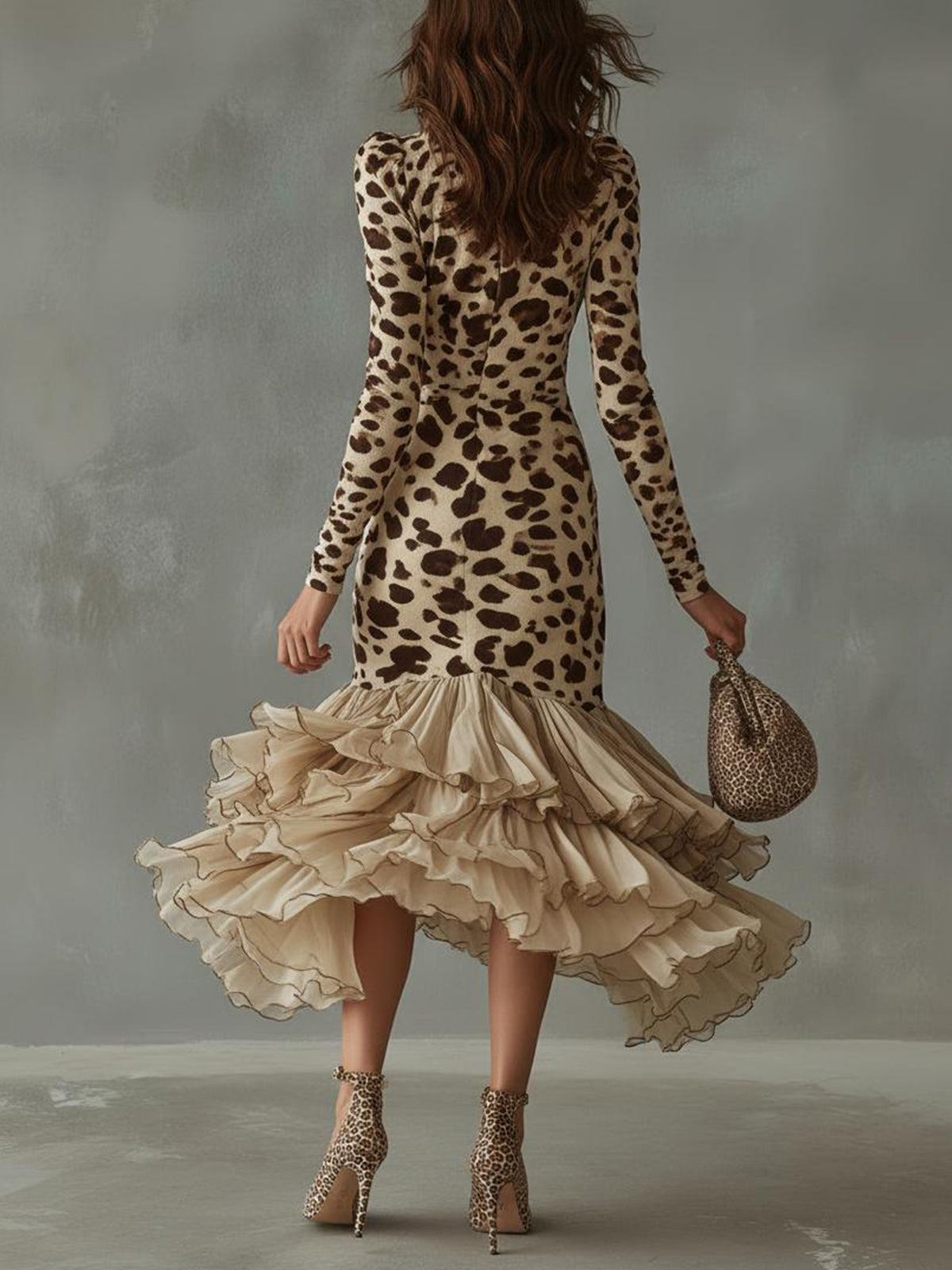 Leopard Print Ruffled High Low Midi Dress - Eliza-Warszawa