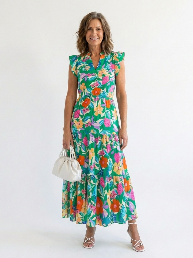 Lila - Floral V-Neck Tiered Midi Dress - Eliza-Warszawa