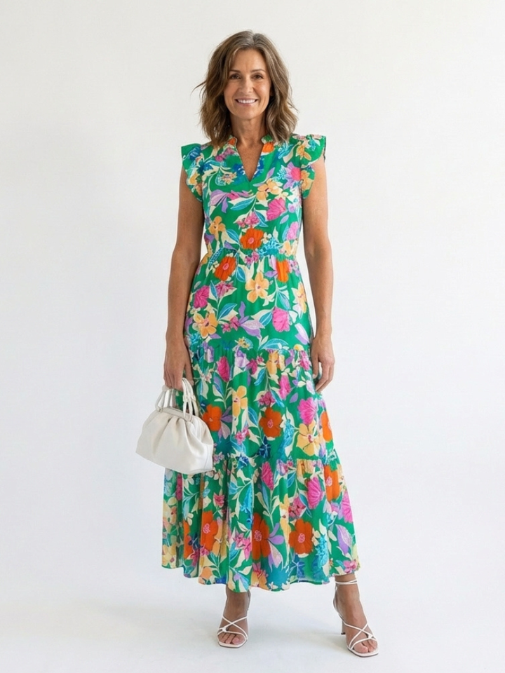 Lila - Floral V-Neck Tiered Midi Dress - Eliza-Warszawa