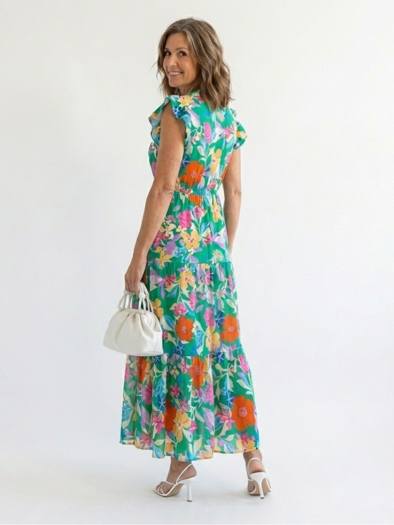 Lila - Floral V-Neck Tiered Midi Dress - Eliza-Warszawa