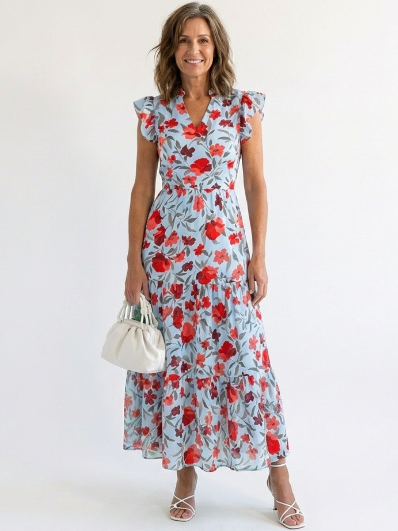 Lila - Floral V-Neck Tiered Midi Dress - Eliza-Warszawa