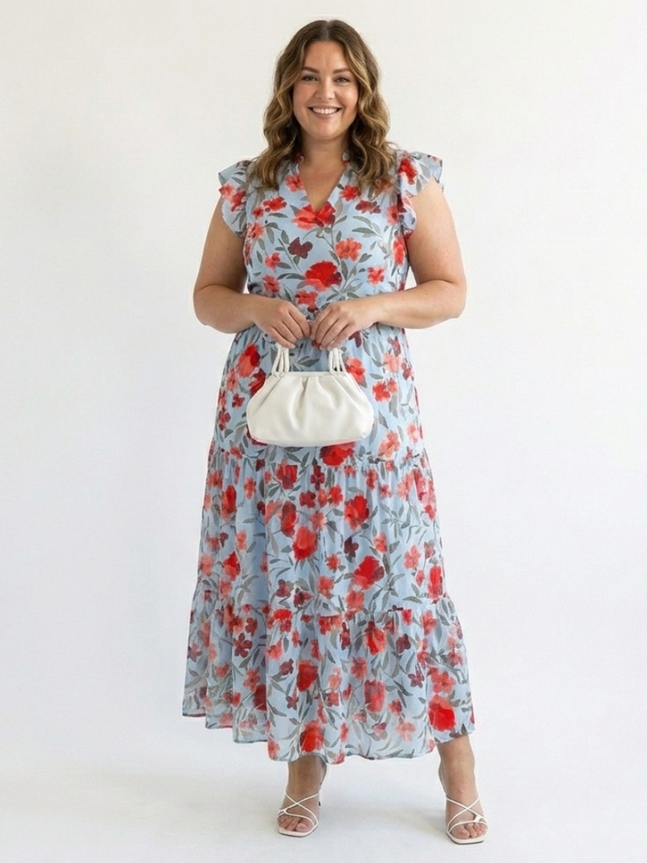 Lila - Floral V-Neck Tiered Midi Dress - Eliza-Warszawa