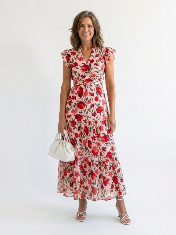 Lila - Floral V-Neck Tiered Midi Dress - Eliza-Warszawa