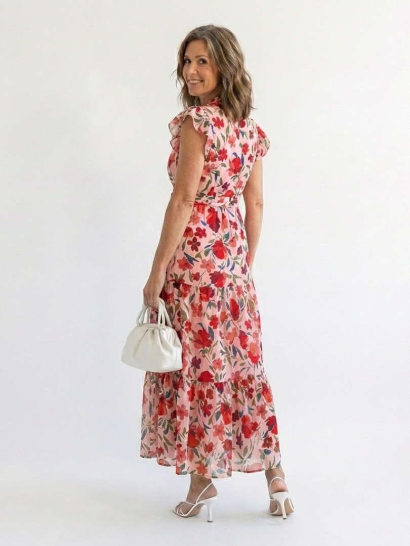 Lila - Floral V-Neck Tiered Midi Dress - Eliza-Warszawa