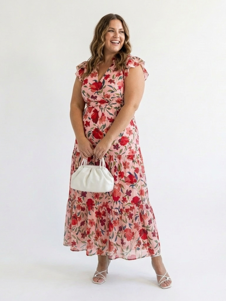 Lila - Floral V-Neck Tiered Midi Dress - Eliza-Warszawa