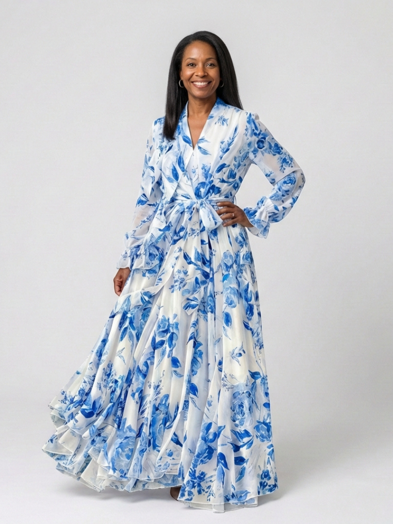Lillian | Floral Wrap Maxi Dress with Long Sleeves - Eliza-Warszawa