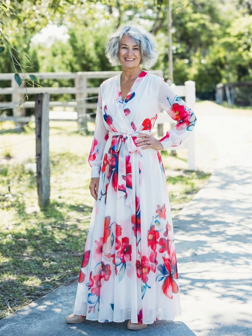 Lillian | Floral Wrap Maxi Dress with Long Sleeves - Eliza-Warszawa
