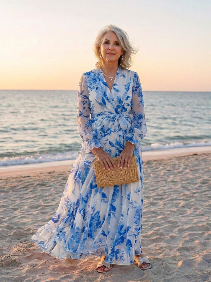 Lillian | Floral Wrap Maxi Dress with Long Sleeves - Eliza-Warszawa