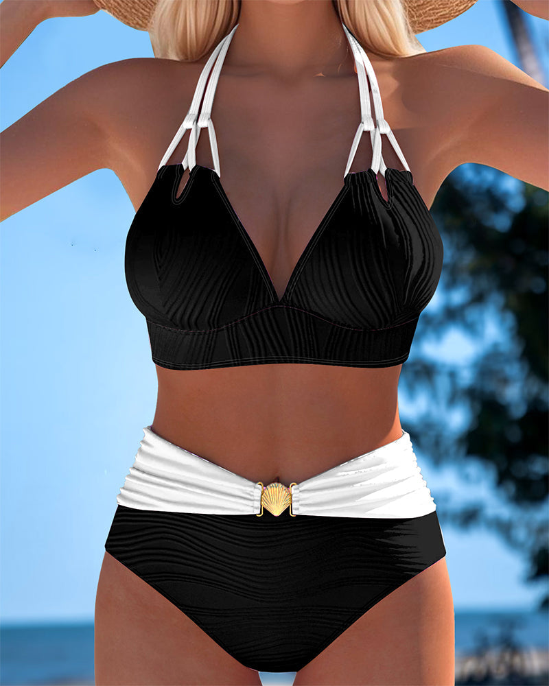 Lily™ | High Waisted Double Strap Swimsuit with Contrast Color - Eliza-Warszawa