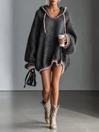 Loose-fitting hooded pink-trimmed knitted mini dress - Eliza-Warszawa