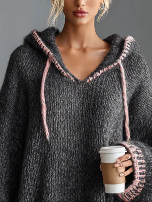 Loose-fitting hooded pink-trimmed knitted mini dress - Eliza-Warszawa