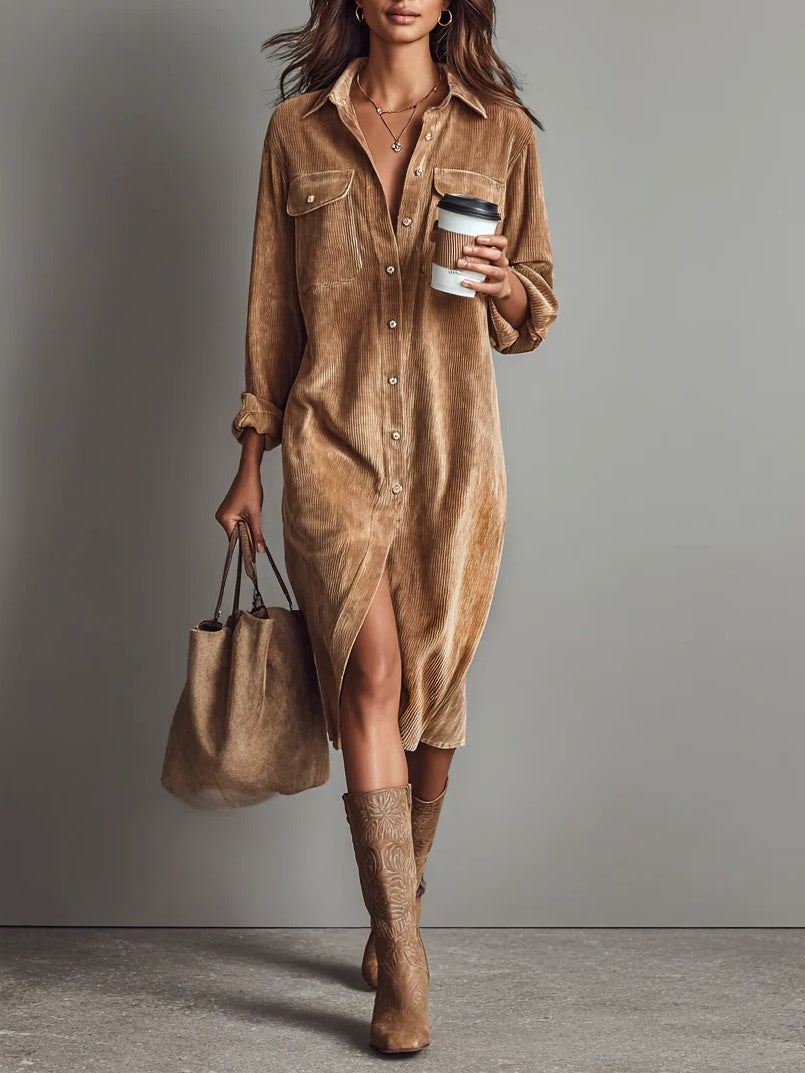 Loose Corduroy Double Chest Pocket Single Breasted Midi Dress - Eliza-Warszawa