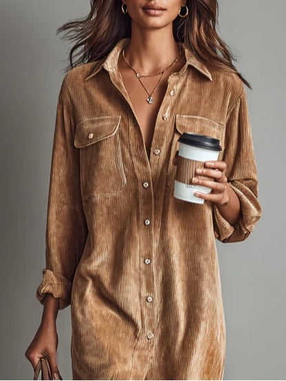 Loose Corduroy Double Chest Pocket Single Breasted Midi Dress - Eliza-Warszawa