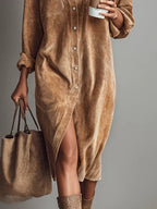 Loose Corduroy Double Chest Pocket Single Breasted Midi Dress - Eliza-Warszawa