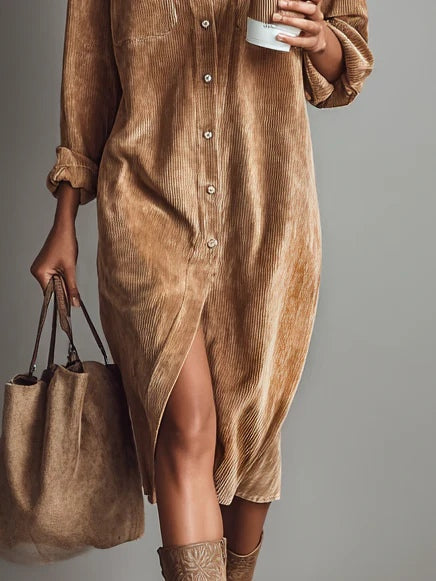 Loose Corduroy Double Chest Pocket Single Breasted Midi Dress - Eliza-Warszawa