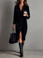 Loose Corduroy Double Chest Pocket Single Breasted Midi Dress - Eliza-Warszawa