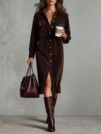 Loose Corduroy Double Chest Pocket Single Breasted Midi Dress - Eliza-Warszawa