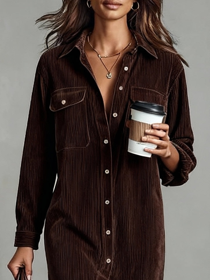 Loose Corduroy Double Chest Pocket Single Breasted Midi Dress - Eliza-Warszawa