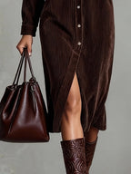 Loose Corduroy Double Chest Pocket Single Breasted Midi Dress - Eliza-Warszawa