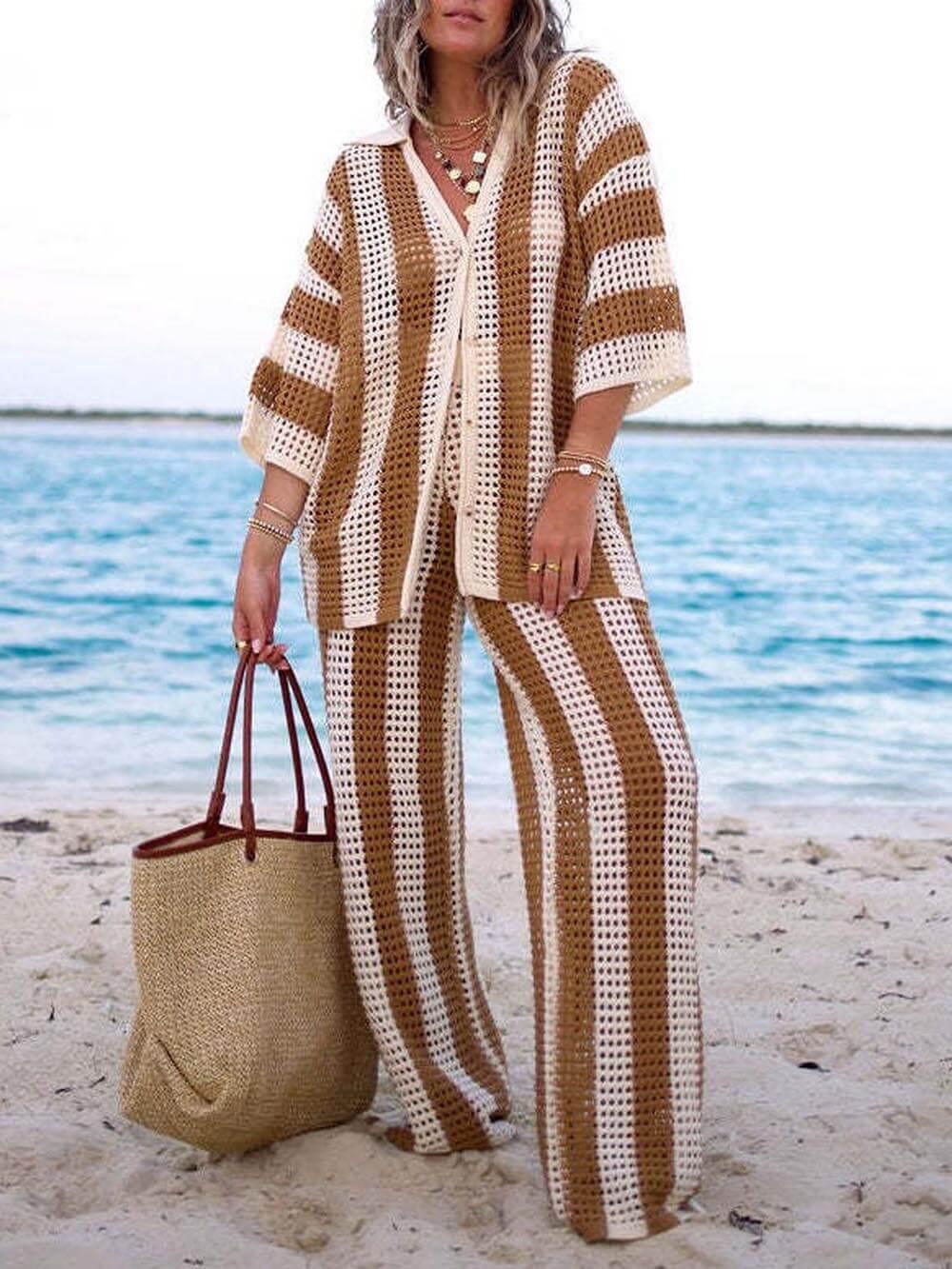 Loose V-Neck Fashion Hollow Out Striped Shirt Wide Leg Pants Set - Eliza-Warszawa