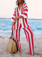 Loose V-Neck Fashion Hollow Out Striped Shirt Wide Leg Pants Set - Eliza-Warszawa