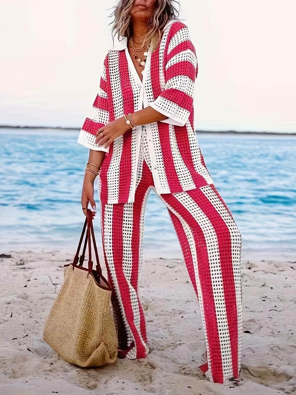 Loose V-Neck Fashion Hollow Out Striped Shirt Wide Leg Pants Set - Eliza-Warszawa