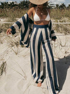 Loose V-Neck Fashion Hollow Out Striped Shirt Wide Leg Pants Set - Eliza-Warszawa