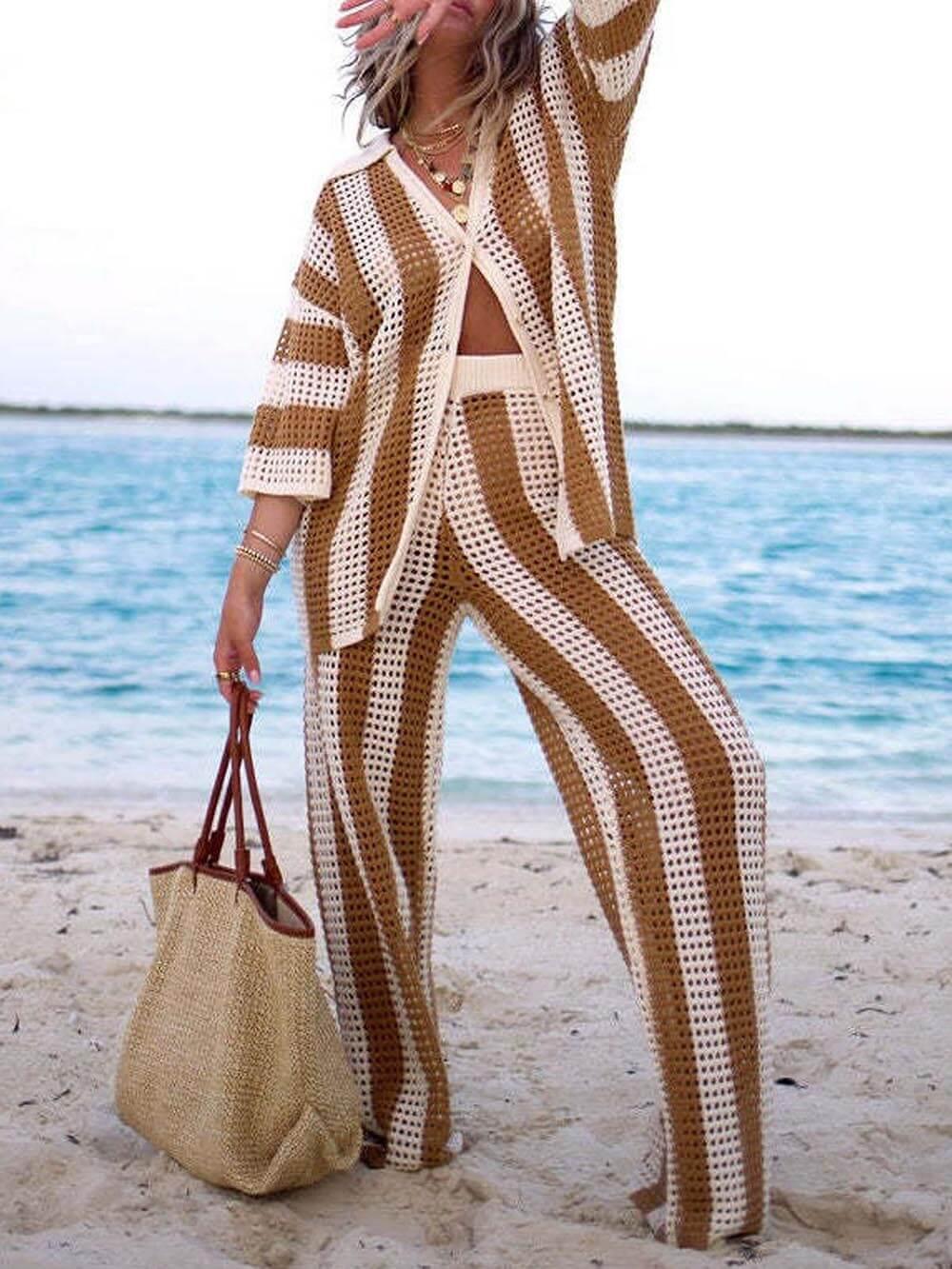 Loose V-Neck Fashion Hollow Out Striped Shirt Wide Leg Pants Set - Eliza-Warszawa