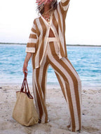 Loose V-Neck Fashion Hollow Out Striped Shirt Wide Leg Pants Set - Eliza-Warszawa