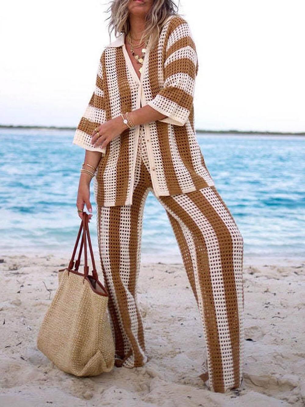 Loose V-Neck Fashion Hollow Out Striped Shirt Wide Leg Pants Set - Eliza-Warszawa