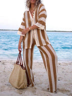 Loose V-Neck Fashion Hollow Out Striped Shirt Wide Leg Pants Set - Eliza-Warszawa