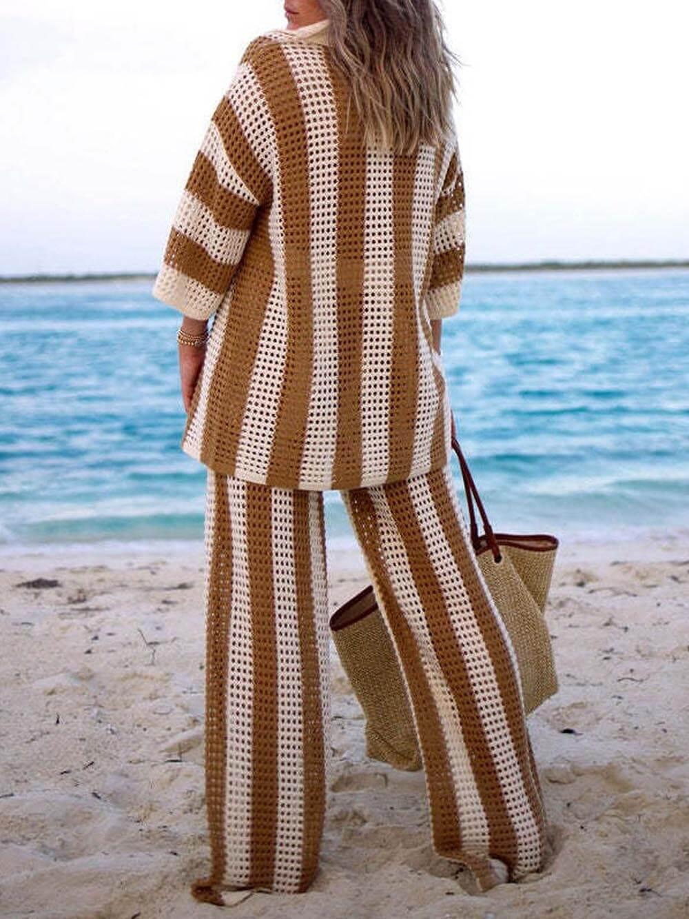 Loose V-Neck Fashion Hollow Out Striped Shirt Wide Leg Pants Set - Eliza-Warszawa