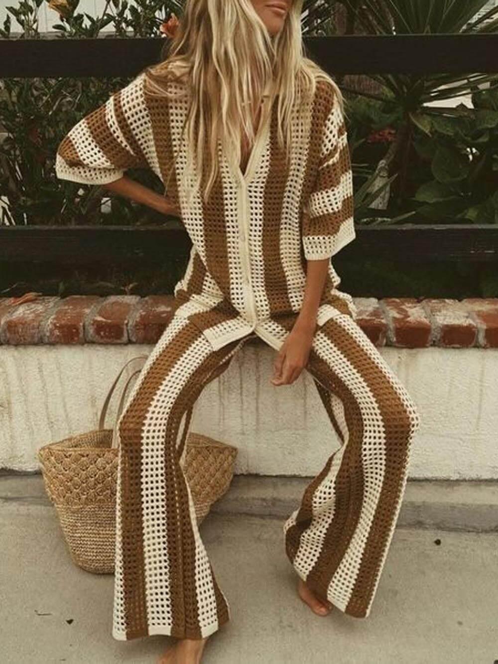 Loose V-Neck Fashion Hollow Out Striped Shirt Wide Leg Pants Set - Eliza-Warszawa
