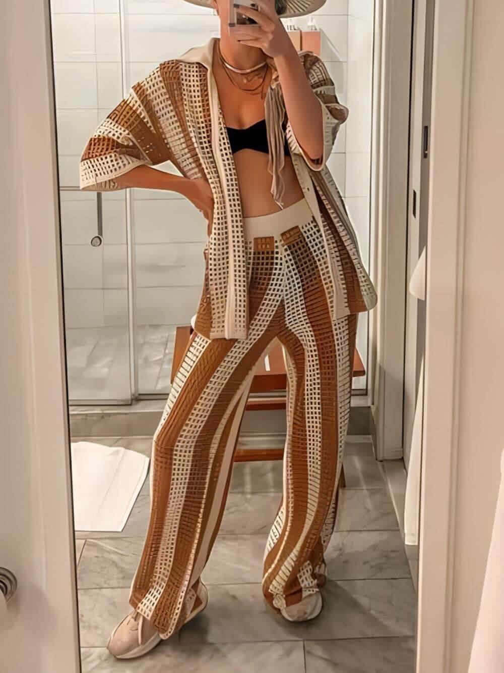Loose V-Neck Fashion Hollow Out Striped Shirt Wide Leg Pants Set - Eliza-Warszawa