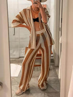 Loose V-Neck Fashion Hollow Out Striped Shirt Wide Leg Pants Set - Eliza-Warszawa