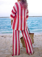 Loose V-Neck Fashion Hollow Out Striped Shirt Wide Leg Pants Set - Eliza-Warszawa