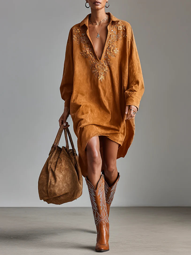 Loose lapel V-neck printed long-sleeved midi dress - Eliza-Warszawa