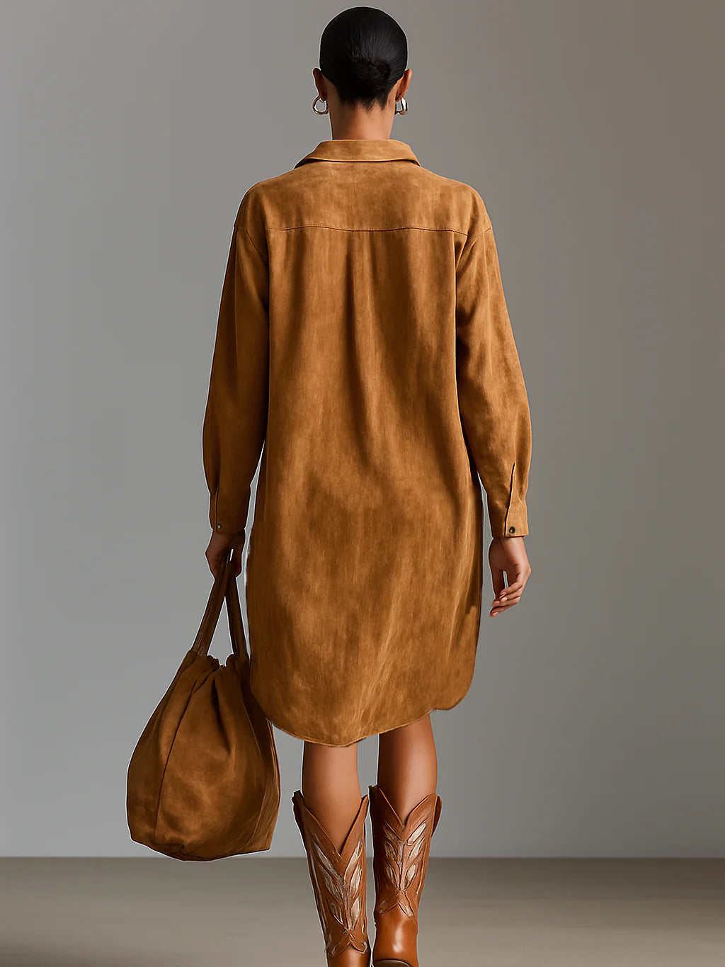 Loose lapel V-neck printed long-sleeved midi dress - Eliza-Warszawa