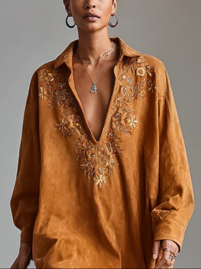 Loose lapel V-neck printed long-sleeved midi dress - Eliza-Warszawa